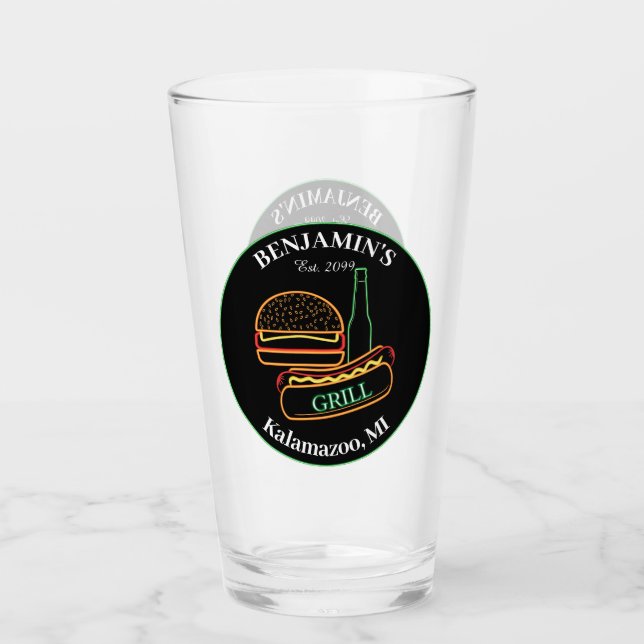 Backyard Grill mit Burgers Trinkbehälter Pint Beer Glas (Vorderseite)