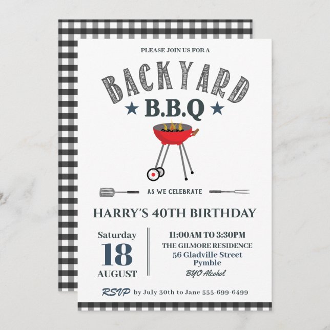 Backyard GRILLEN Male Birthday Black Gingham  Einladung (Vorne/Hinten)