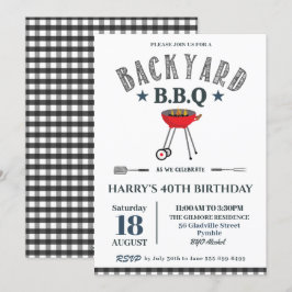 Backyard GRILLEN Male Birthday Black Gingham  Einladung