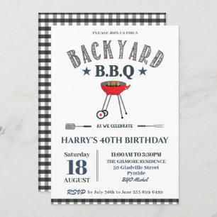 Backyard GRILLEN Male Birthday Black Gingham Einladung