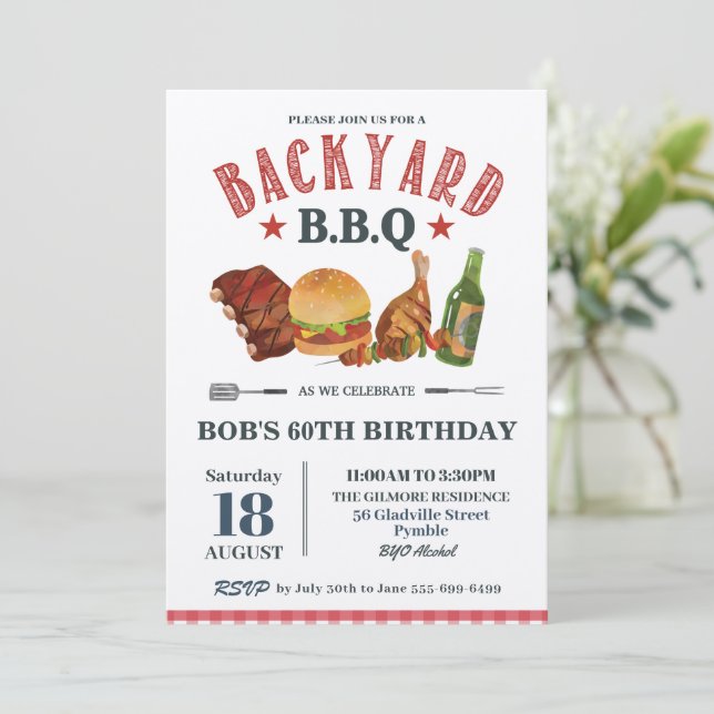 Backyard GRILLEN Male Birthday Red Gingham Craft I Einladung (Stehend Vorderseite)