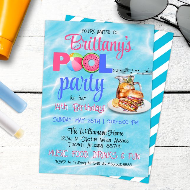 Backyard GRILLEN Pool Party Geburtstag Einladung (Backyard Barbeque Birthday Pool Party Invitation with Tropical aesthetics and sweet tea)