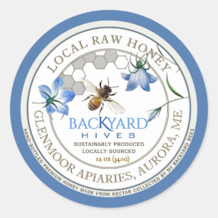 Backyard Hive Apiary Blue Blume Raw Honey Label Runder Aufkleber