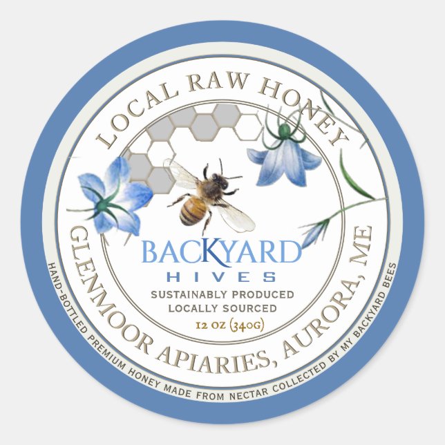 Backyard Hive Apiary Blue Blume Raw Honey Label Runder Aufkleber (Vorderseite)