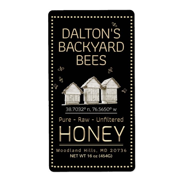 Backyard Hive Honey Jar Label Little Bees on Black (Vorne)