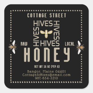Backyard Local Hives Honey Label Black Bees Square Quadratischer Aufkleber