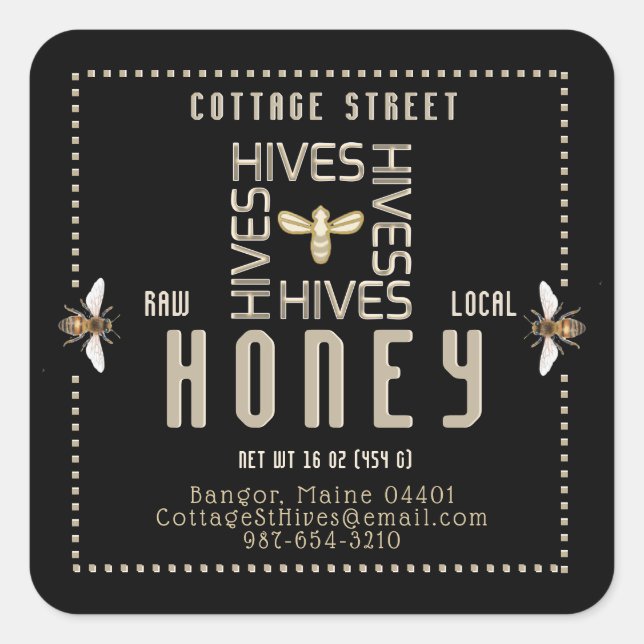 Backyard Local Hives Honey Label Black Bees Square Quadratischer Aufkleber (Vorderseite)