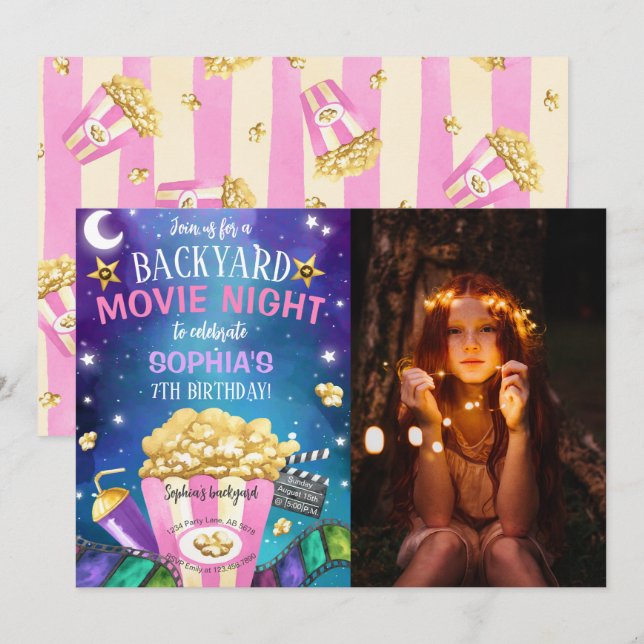 Backyard Movie Night Birthday Foto Einladung (Vorne/Hinten)
