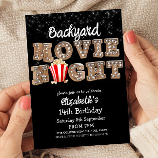 Backyard Movie Night Popcorn Marquee Lights Party Einladung