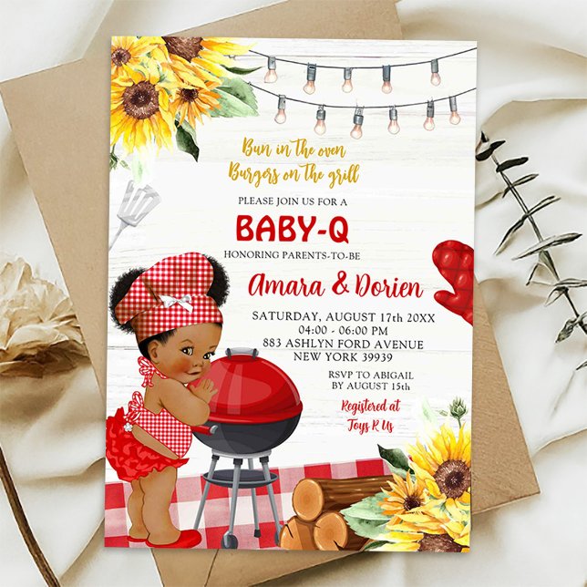 Backyard Red Gingham Baby-Q Afro Girl Babydusche Einladung (Von Creator hochgeladen)