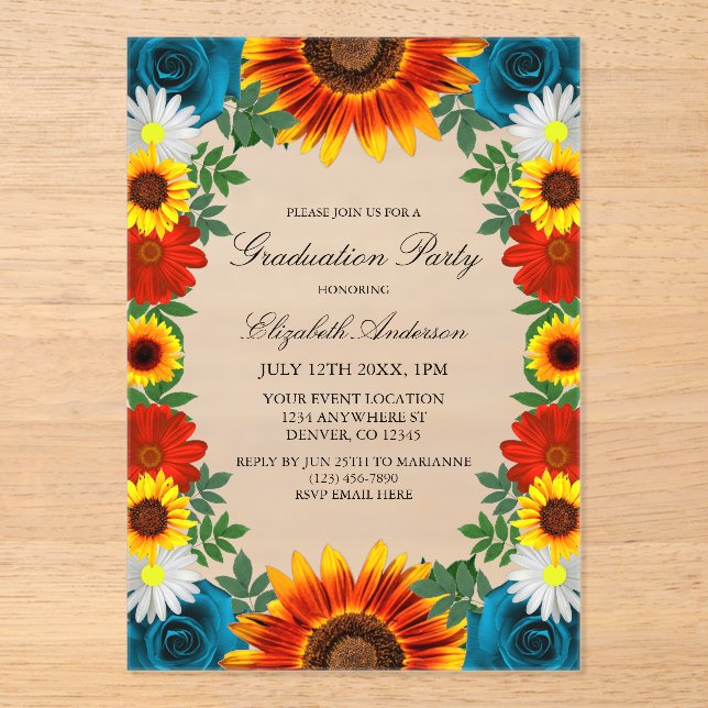 Backyard Summer Floral Graduation Party Acryleinladungen (Vorderseite)