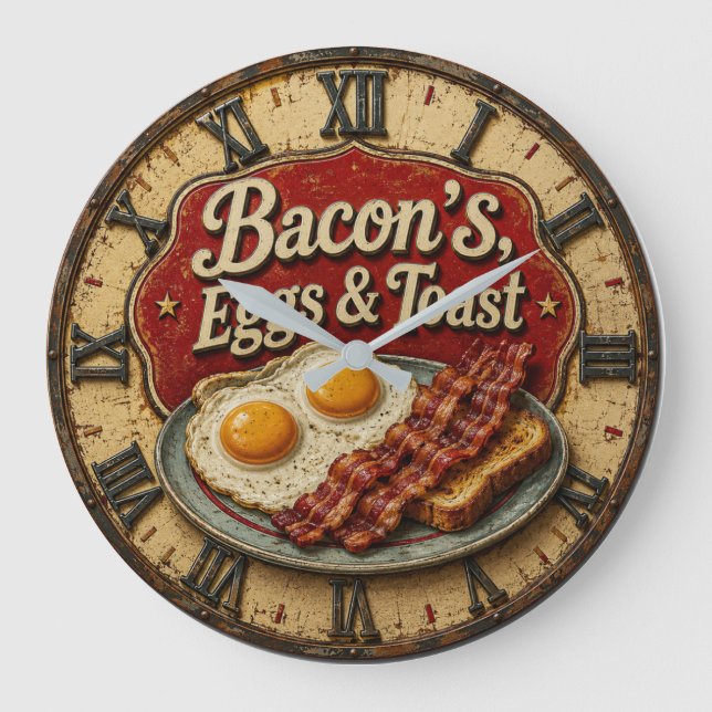 Bacon Eggs & Toast Farmhouse Breakfast Kitchen Große Wanduhr (Vorderseite)