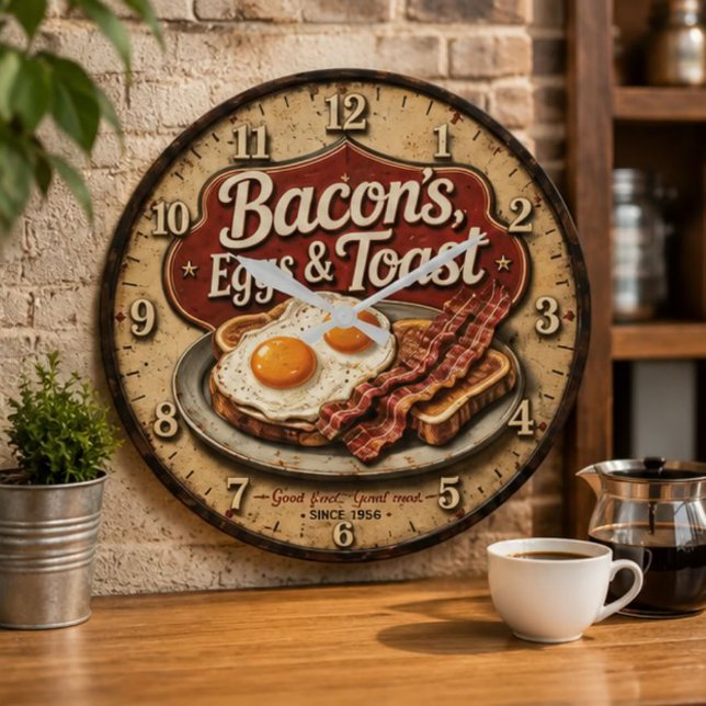 Bacon Eggs & Toast Farmhouse Breakfast Kitchen Große Wanduhr (Von Creator hochgeladen)