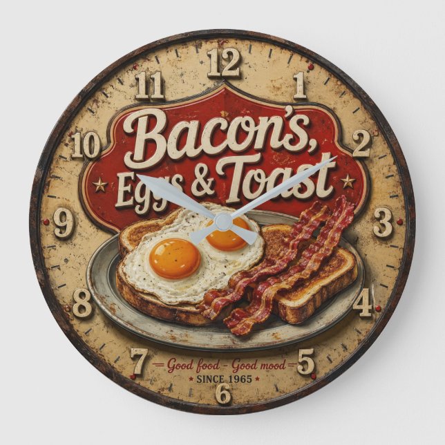 Bacon Eggs & Toast Rustic Farmhouse Kitchen Große Wanduhr (Vorderseite)