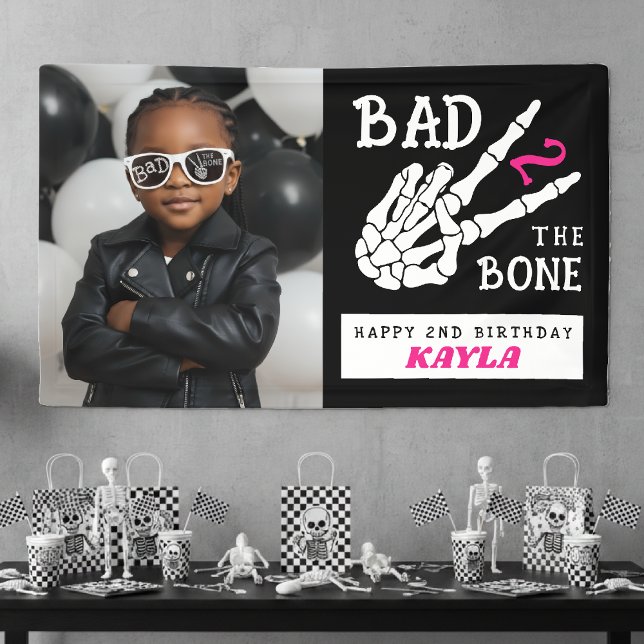 Bad 2 the Bone Skeleton Photo 2nd Birthday Party Banner (Von Creator hochgeladen)