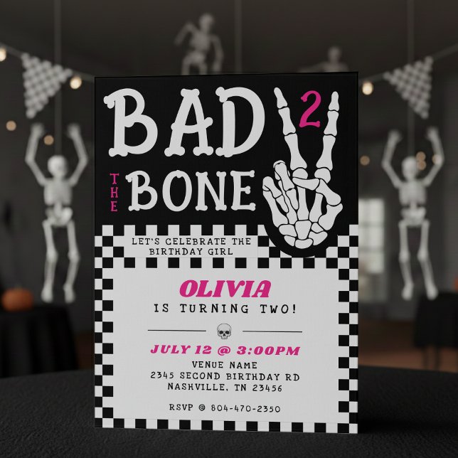 Bad 2 the Bone Skeleton Pink 2nd Birthday Party Einladung (Bad 2 the Bone Skeleton Pink 2nd Birthday Party Invitation
)
