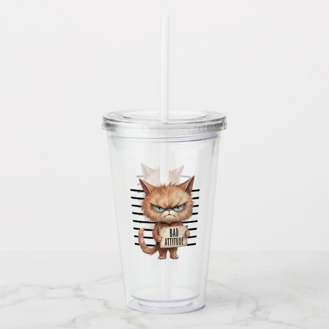 Bad Attitude Cat Mugshot - Funny Feline Design Acryltrinkbecher (Vorderseite)