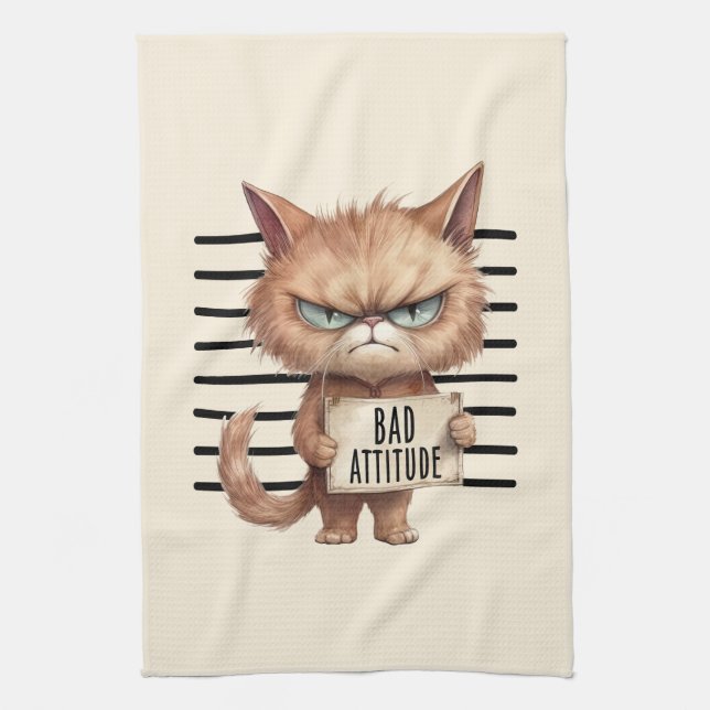 Bad Attitude Cat Mugshot - Funny Feline Design Geschirrtuch (Vertikal)