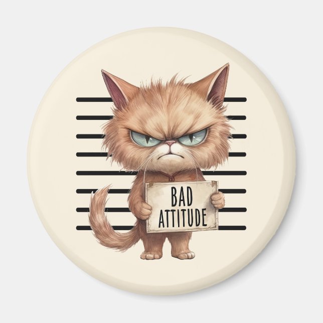 Bad Attitude Cat Mugshot - Funny Feline Design Magnet (Vorne)