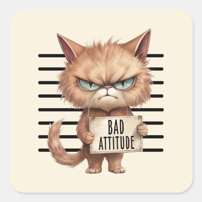 Bad Attitude Cat Mugshot - Funny Feline Design Quadratischer Aufkleber (Vorderseite)