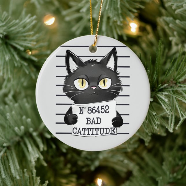 Bad Cattitude - Black Cat Mugshot Keramik Ornament (Baum)