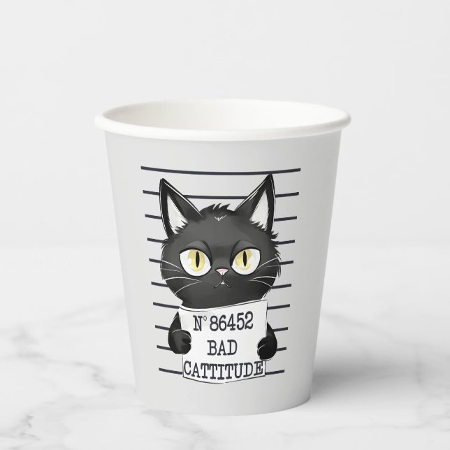 Bad Cattitude - Black Cat Mugshot Pappbecher (Vorderseite)