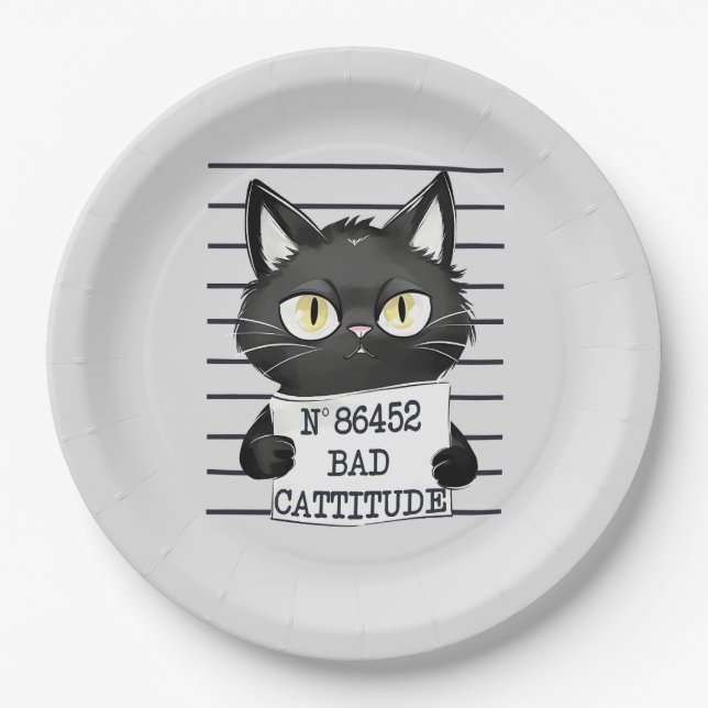 Bad Cattitude - Black Cat Mugshot Pappteller (Vorderseite)