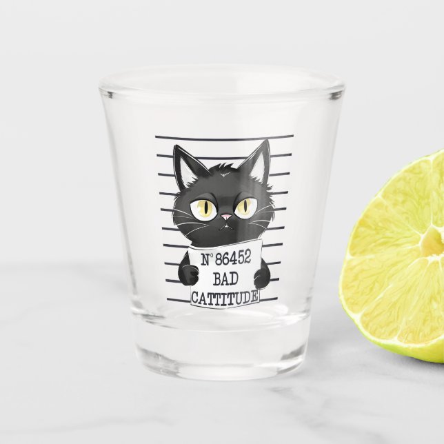 Bad Cattitude - Black Cat Mugshot Schnapsglas (Vorderseite)