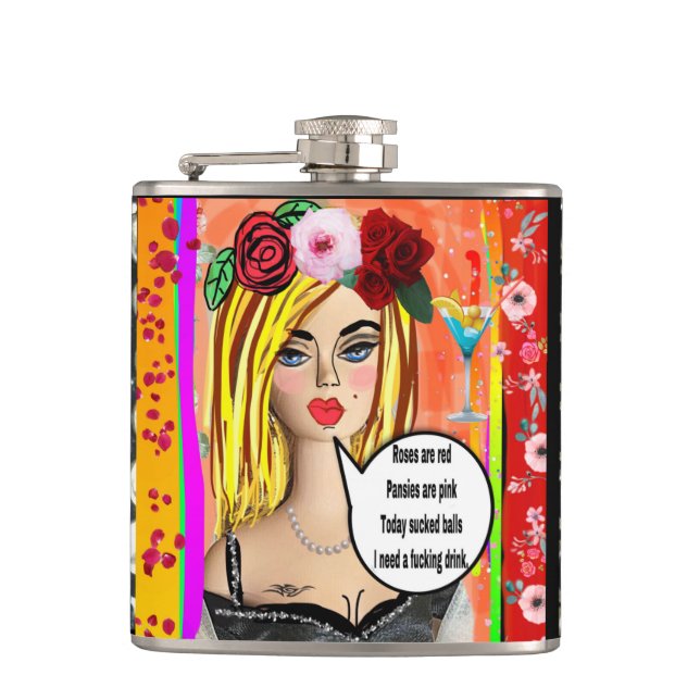 BAD GIRL FLASK Rose sind rot, Veilchen sind rosa,  Flachmann (Vorderseite)