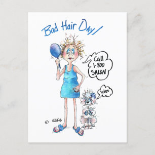 Bad Hair Day, blaues Kleid, bedrückter Ausdruck  Postkarte