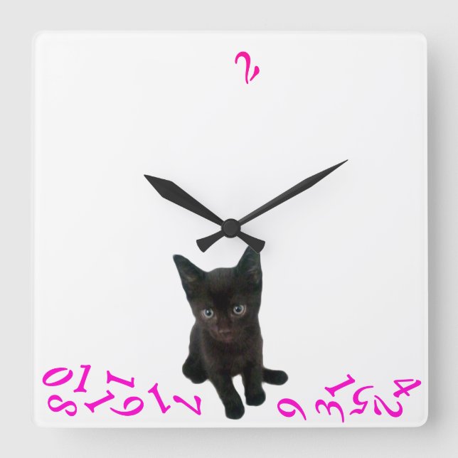 ~Bad Kitty~ WALL CLOCK/PINK Quadratische Wanduhr (Vorderseite)