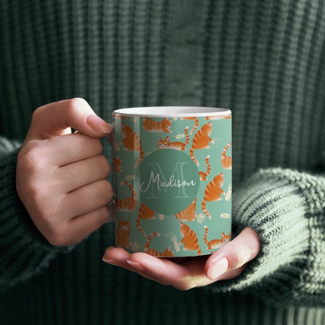 Bad Orange Tabby Katzen klopfen über Muster Kaffeetasse (Cute Orange Tabby Cats Knocking Stuff Over Pattern Monogram Mug)