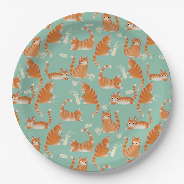 Bad Orange Tabby Katzen klopfen über Muster Pappteller (Vorderseite)