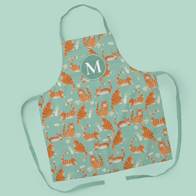 Bad Orange Tabby Katzen klopfen über Muster Schürze (Bad Orange Tabby Cats Knocking Stuff Over Patterned Apron with Monogram)