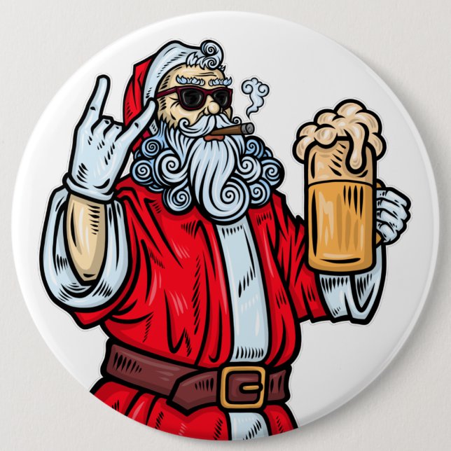 Bad Santa Claus, Rock, Bier und Zigar Button (Vorderseite)