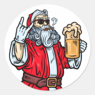 Bad Santa Claus, Rock, Bier und Zigar Runder Aufkleber
