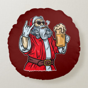 Bad Santa Claus, Rock, Bier und Zigar Rundes Kissen
