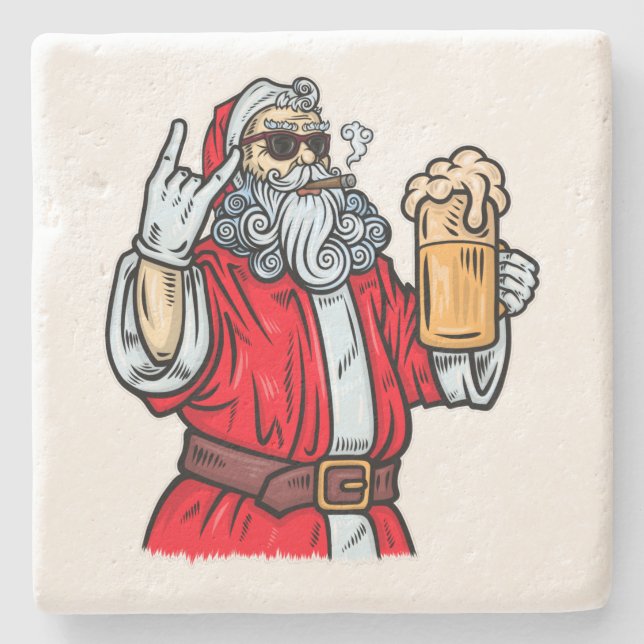 Bad Santa Claus, Rock, Bier und Zigar Steinuntersetzer (Vorderseite)