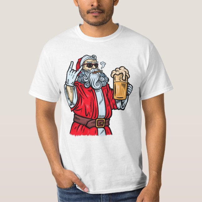Bad Santa Claus, Rock, Bier und Zigar T-Shirt (Vorderseite)