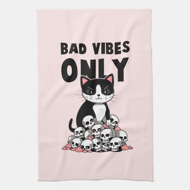 Bad Vibes only - Cat & Skulls Geschirrtuch (Vertikal)