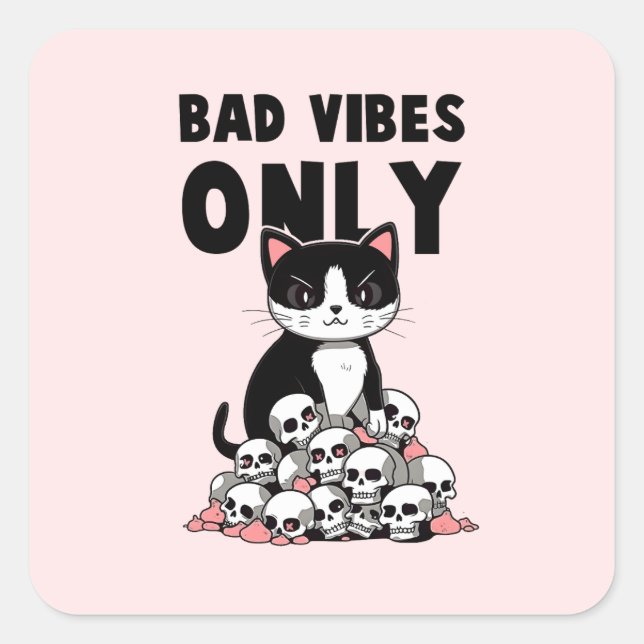 Bad Vibes only - Cat & Skulls Quadratischer Aufkleber (Vorderseite)