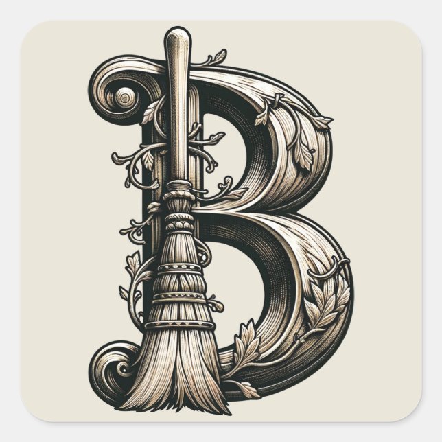 Bad Witch Witchy Broom Letter B Custom Initial Quadratischer Aufkleber (Vorderseite)