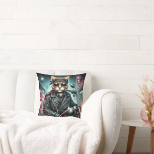 Badass Cat - Motorrad-Feline-Rebell in Leather Ja Kissen