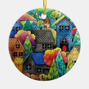 Badeanstalt mit bunten Häusern Keramik Ornament