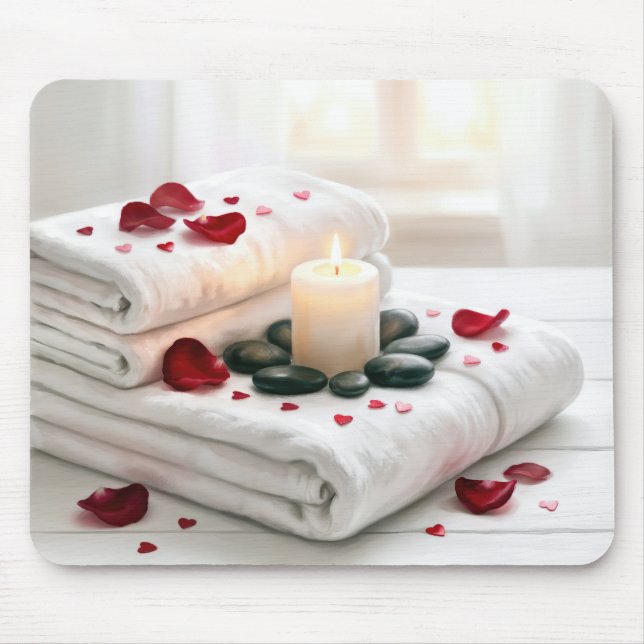 Badehandtücher mit roten Rosenblättern und Herzen Mousepad (Vorne)