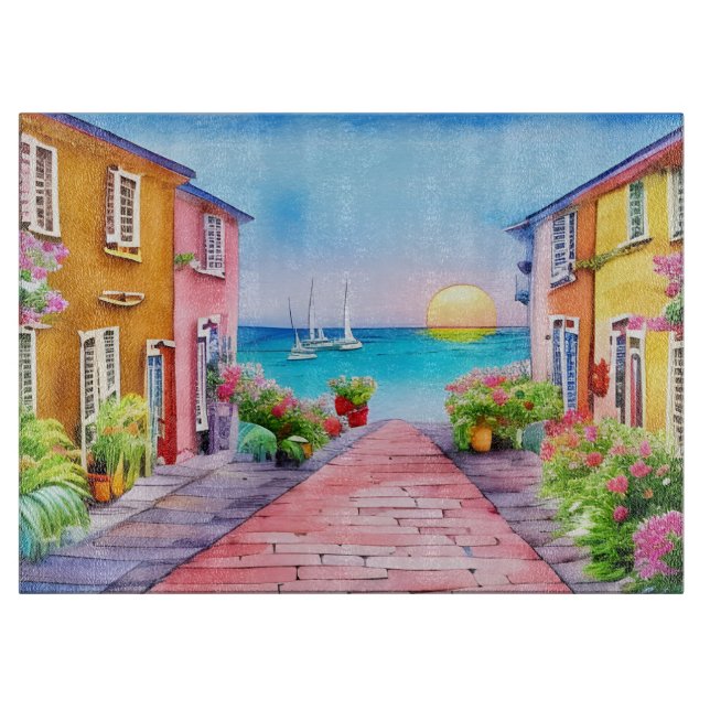 Badeort Sunset Watercolor Schneidebrett (Vorderseite)