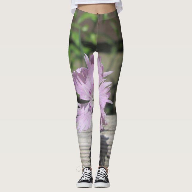 Bäder Pink Dianthus auf Zaun Leggings (Vorderseite)