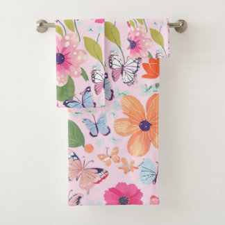Badetücher, Schmetterlinge und Blume, rosa Badhandtuch Set
