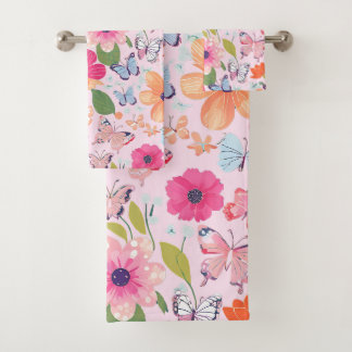 Badetücher, Schmetterlinge und Blume, rosa Badhandtuch Set