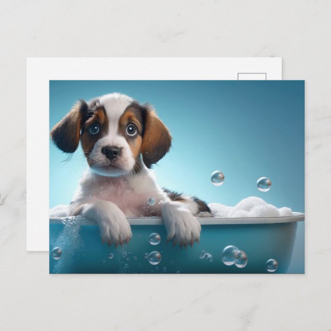 Badewanne und Blasen Puppy Postkarte (Vorne/Hinten)